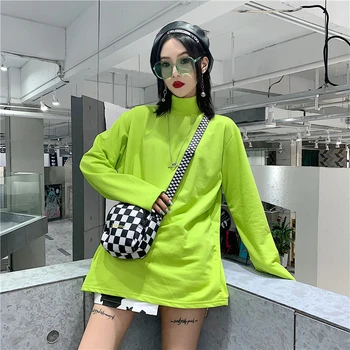 BF Harajuku nové veľké veľkosti voľné ležérne módne žena Turtleneck koberčeky dlhým rukávom hip hop osobnosti Bavlna T-shirt topy čaj