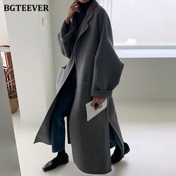 BGTEEVER Bežné Príliš Dlho Zmes Coats Ženy 2020 Zimné Strane Split Krajky-up Žena Outwear Elegantné Dámske Vlnené Plášte