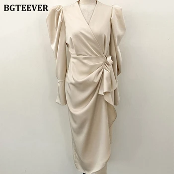 BGTEEVER Elegantného tvaru s uväzovaním za Ženy Strednej dĺžky Šaty s Dlhým Rukávom Krajky-up Ruched Ženské Šaty Dámske Jarné Pevné Vestidos 2021