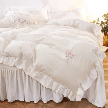 Biela Ružová Bavlna kórejský posteľná bielizeň Sady Twin Kráľovná King size Deti, Dievčatá, posteľná bielizeň nastaviť Princezná Perinu posteľ list/posteľná bielizeň nastaviť