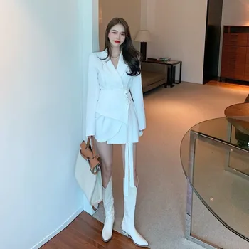 Biele Sako Šaty Ženy Pevné, Elegantné Dizajnér Kórejský Šaty Žena Office Lady Bežné Jednodielne Šaty Jeseň 2020 Ženy Oblečenie
