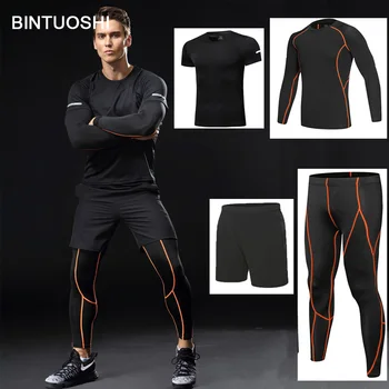 BINTUOSHI 4 kusy Dry Fit Kompresie Tepláková súprava Fitness Tesný Spustený Súbor T-shirt Leginy pánske Športové Gym Sport Oblek