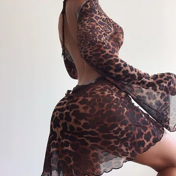 BKLD Ženy Móda 2020 Jesenné A Zimné Nové plavky s uväzovaním za Obličkového Rukáv Sexy Backless Slim Bodycon Šaty Leopard Tlač Club Oblečenie