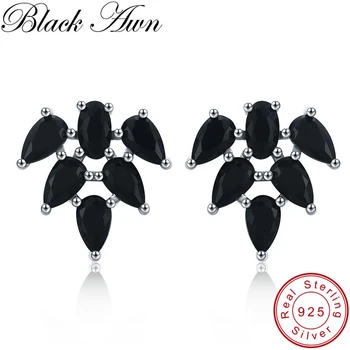[BLACK AWN] Jemné Šperky 925 Sterling Silver Náušnice Čierne Spinelovou Leaf Svadobné Stud Náušnice pre Ženy, Ženské Bijoux I053