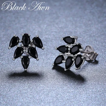 [BLACK AWN] Jemné Šperky 925 Sterling Silver Náušnice Čierne Spinelovou Leaf Svadobné Stud Náušnice pre Ženy, Ženské Bijoux I053
