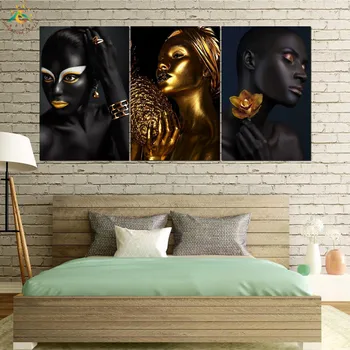 Black Gold make-up Žena Wall Art Vytlačí Plátno Umenie Maľba Modulárny Obrázok A Plagát Plátno na Maľovanie, Dekorácie Domov 3 KUSY