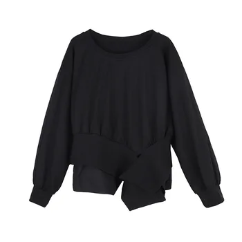 Black Nepravidelný Plus Veľkosť Long Sleeve T Shirt Ženy, Nový O-Krku Patchwork Módne Voľné Trička, Topy, Šaty, Jarné, Jesenné 2021