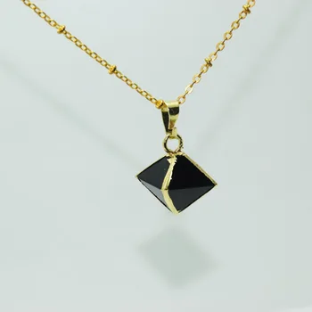 Black Prírodné Tvárou Obsidian Prívesok štvorsten bod zlatom ráme prívesok klenot kameň prívesok na náhrdelník