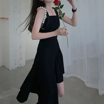 Black Špagety Popruh Šaty goth Ženy Lete Roku 2020 Elegantné, Sexy Party Solio Nepravidelný Gotický Dlhé Šaty kórejský Štýl Oblečenie