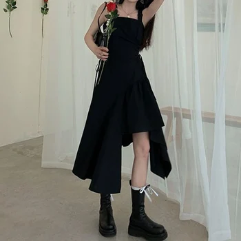 Black Špagety Popruh Šaty goth Ženy Lete Roku 2020 Elegantné, Sexy Party Solio Nepravidelný Gotický Dlhé Šaty kórejský Štýl Oblečenie