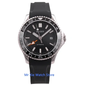 Bliger 41mm Black Dial Automatické Mechanické Mens GMT Sledovať Svetelný Nepremokavé Vojenské Kalendár, Hodiny, Náramkové hodinky Mužov