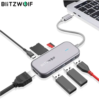 BlitzWolf BW-TH5 7 v 1, USB Typ-C Údajov Hub s 3-Port USB 3.0 TF Kariet USB C PD Plnenie 4K Displej pre MacBook pre iPad