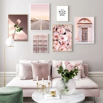 Blush Pink Pivonky Vintage Rose Dvere Wall Art Obrazy na Plátne Obrazy Plagáty a Tlačí na Obývacia Izba Domov Dekoratívne