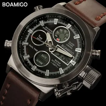 BOAMIGO mužov športové hodinky hnedý kožený pás človek vojenské quartz LED digitálne bežné analógové náramkové hodinky vodotesné reloj hombre