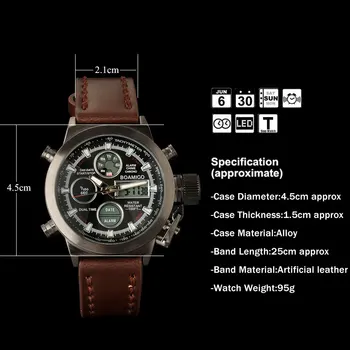 BOAMIGO mužov športové hodinky hnedý kožený pás človek vojenské quartz LED digitálne bežné analógové náramkové hodinky vodotesné reloj hombre