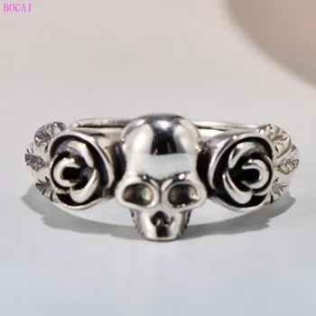 BOCAI S925 Šterlingov Strieborné prstene pre ženy lebky rose otvoriť krúžok módny nastaviteľné Thai strieborný prsteň pre mužov a ženy