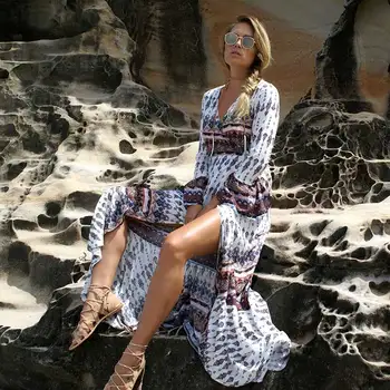 Boho Inšpiroval plážové šaty Bežné kvetinový vytlačené sexy Rozdeliť dlhý rukáv tunika zábal letné šaty hippie chic vestidos 2020