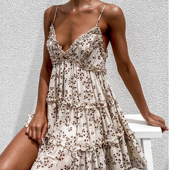 Boho letný Kvetinový tlač prehrabať Špagety a-line šaty Ženy sexy Prehrabať tvaru mini šaty dovolenku plážové oblečenie šaty vestidos
