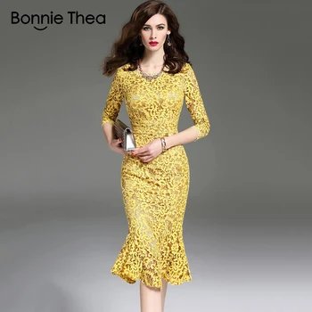 Bonnie Thea jeseň ženy čipky šaty žena žltá dlhý rukáv midi šaty vestido Elegantné party dámske šaty žien oblečenie 2018