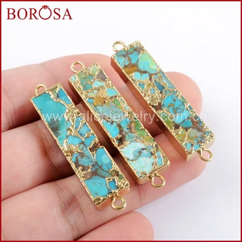 BOROSA 5/10PCS Zlatá Farba Obdĺžnik Medi Turquoises Konektor Prírodný Modrý Kameň Dvojité Charms Drahokamy pre Náhrdelník Šperky G1650