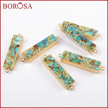 BOROSA 5/10PCS Zlatá Farba Obdĺžnik Medi Turquoises Konektor Prírodný Modrý Kameň Dvojité Charms Drahokamy pre Náhrdelník Šperky G1650