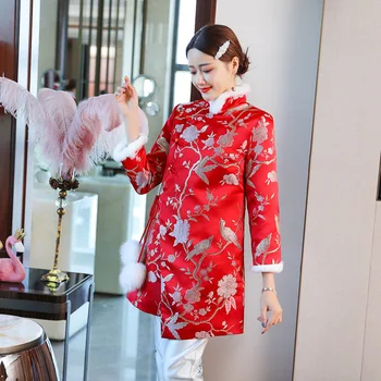 Boutique Čínsky nový rok, Vianoce, červená zimné Cheongsam šaty