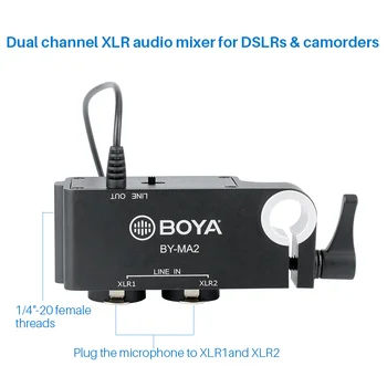 Boya BY-MA2 Dual-Channel Záznam Audio Mixer XLR Jack 6,5 mm do 3,5 mm Bezdrôtový Mikrofón Systém pre Canon, Nikon, Sony DSLR Fotoaparát