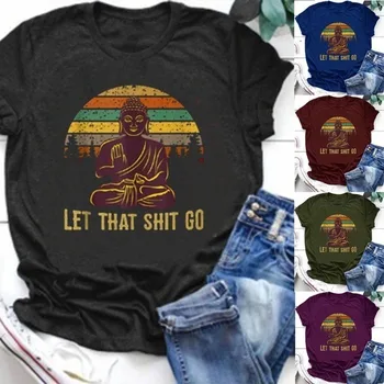 Buddha Print T Shirt Ženy Krátky Rukáv O Krk Voľné Tričko Lete Ženy Tee Tričko Topy Camisetas Mujer