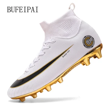 BUFEIPAI white / black gold pánske futbalové topánky vysoká členok futbal topánky dámske kopačky Botas De Futbol ponožky protišmyková obuv