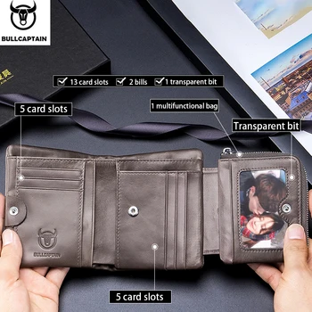 BULLCAPTAIN značky kože RFID retro peňaženky, pánske malé zips peňaženky karty taška pánske peňaženky spojka