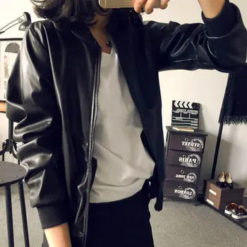 Bundy Ženy Black PU Plus Veľkosti 4XL Krátke Tenký Kabát Jar Jeseň Pevné Bežné kórejský Štýl All-zápas Dámske Žena Bunda Chic