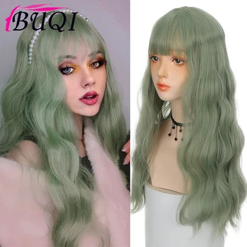 BUQI Dlhé Vlny Parochňu Rany Zelená Tepelne Odolných Syntetických Falošné Prirodzené Vlasy So stredným Vlasy Časť Pre Ženy Cosplay Lolita