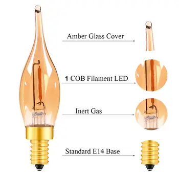 C22T LED žiarovka 0,5 W Sviečkové Žiarovky Žltá Žiara Dekoratívne Nočné Svetlo LED E14 Candelabra Vlákna Base Teplé 2200K stmievateľné