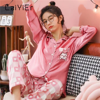 CAIYIER 2021 Hodváb Saténové Pyžamo Nastaviť Ženy Sexy Sleepwear Roztomilý Tlač Dievčatá Bielizeň, Odev Veľká Veľkosť Plavky M-5XL Pyžamá