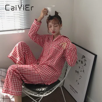 CAIYIER Mriežky Roztomilý Dievčatá Pyžamo Nastaviť kórejský Jeseň Zima Nové Dlhý Rukáv Voľný čas Sleepwear Ženy Voľné Odev oblečenie pre voľný čas Oblek