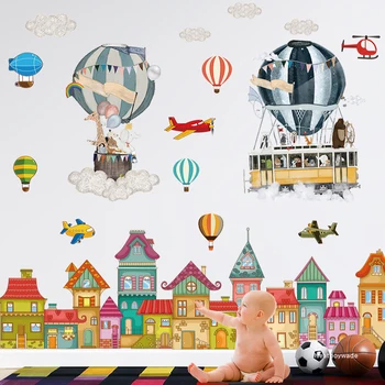 Cartoon Malé Mesto Samolepky na Stenu miestnosti, Deti Materských Stenu Decor teplovzdušný balón Vinyl DIY Stenu Eco-friendly nástenné Maľby Plagát