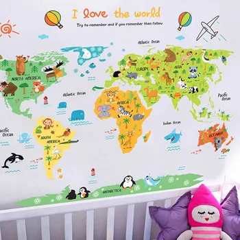 Cartoon Safari Zvierat, Mapa Sveta Škôlky Samolepky na Stenu pre Deti Miestnosti Dekorácie Písmená Globálnej Mapy WWO66