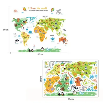 Cartoon Safari Zvierat, Mapa Sveta Škôlky Samolepky na Stenu pre Deti Miestnosti Dekorácie Písmená Globálnej Mapy WWO66