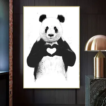 Cartoon Zvierat Domova Nordic Plátno Na Maľovanie Na Stenu Art Print Roztomilá Panda Plagát Obývacia Izba Minimalistický Čierna Biela Modrá Pic