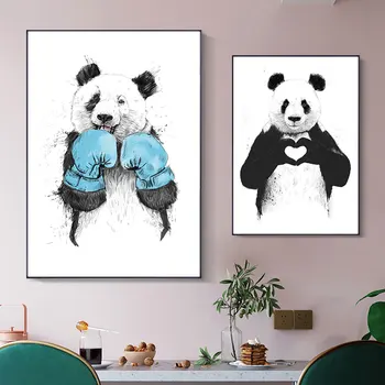 Cartoon Zvierat Domova Nordic Plátno Na Maľovanie Na Stenu Art Print Roztomilá Panda Plagát Obývacia Izba Minimalistický Čierna Biela Modrá Pic