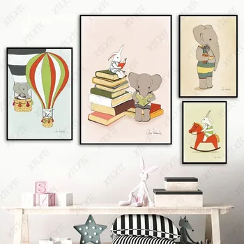 Cartoon Zvierat Plagát Plátno Na Maľovanie Slon Čítania Knihy Tapety, Vtipné Tlač Plavidlá, Domov, Deti Izba Dekorácie, Obrázky