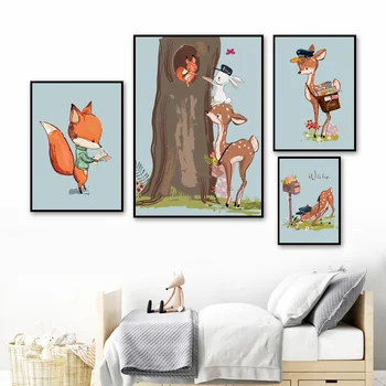 Cartoon Zvierat Srna Fox Wall Art Plátno Na Maľovanie Nordic Plagáty A Vytlačí Na Stenu Obrázky Detská Izba Domova