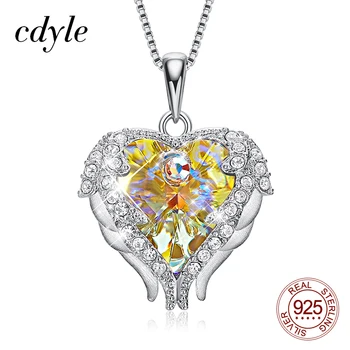 Cdyle Reálne 925 Sterling Silver Náhrdelník s Yellow Crystal Anjel Krídla v Tvare Srdca Prívesok pre Ženy Zapojenie Šperky