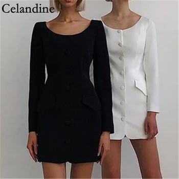 Celandine Biela Čierna Dlhý Rukáv Bodycon Mini Šaty Žien Bežné Elegantné O Krk Šaty Vintage Salónik Nosenie Jeseň Zima 2020