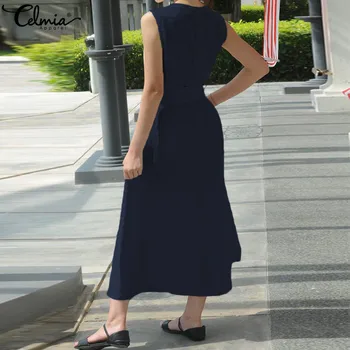 Celmia 2021 Lete Ženy Vintage Maxi Šaty, Sexy V Krku Bez Rukávov Dlhé Šaty Belted Voľné Čipky Strany Dovolenku Vestidos Plus Veľkosť