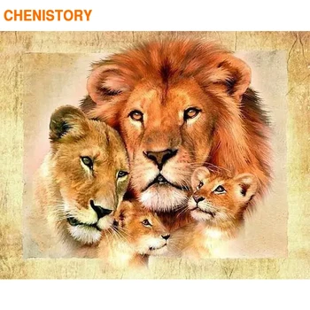 CHENISTORY Lions Rodiny 60x75cm Rám DIY Maľovanie Podľa Čísel Moderné Nástenné Art Obraz Farebnosť Podľa Počtu Zvierat Pre Home Decor