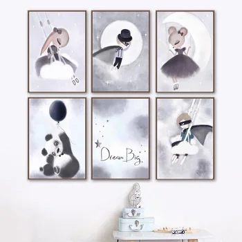 Chlapec Králik Panda Myši Balón Mesiac Wall Art Plátno Na Maľovanie Nordic Plagáty A Potlačou Obrazov Na Stenu Pre Deti Detská Izba Decor