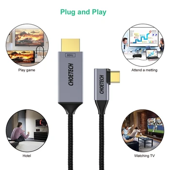CHOETECH USB Typu C, HDMI Kábel 90 Stupňov Thunderbolt 3 Kompatibilný Kábel HDMI Pre iPad Pro 2018 Samsung Galaxy Note 8 S9 Plus