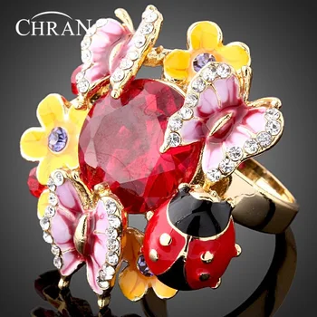 CHRAN Zlatá Farba Lienka Dizajn Zirkón Šperky Prstene Veľkoobchod Crystal Smalt Motýľ Vzor Kvet Prstene Pre Ženy