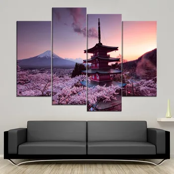 Chureito Pagoda a Mount Fuji Maľovanie 4 Kus Štýl Plátno Typ Tlače Obraz Moderného Domova Dekoratívne Nástenné Kresby Plagát